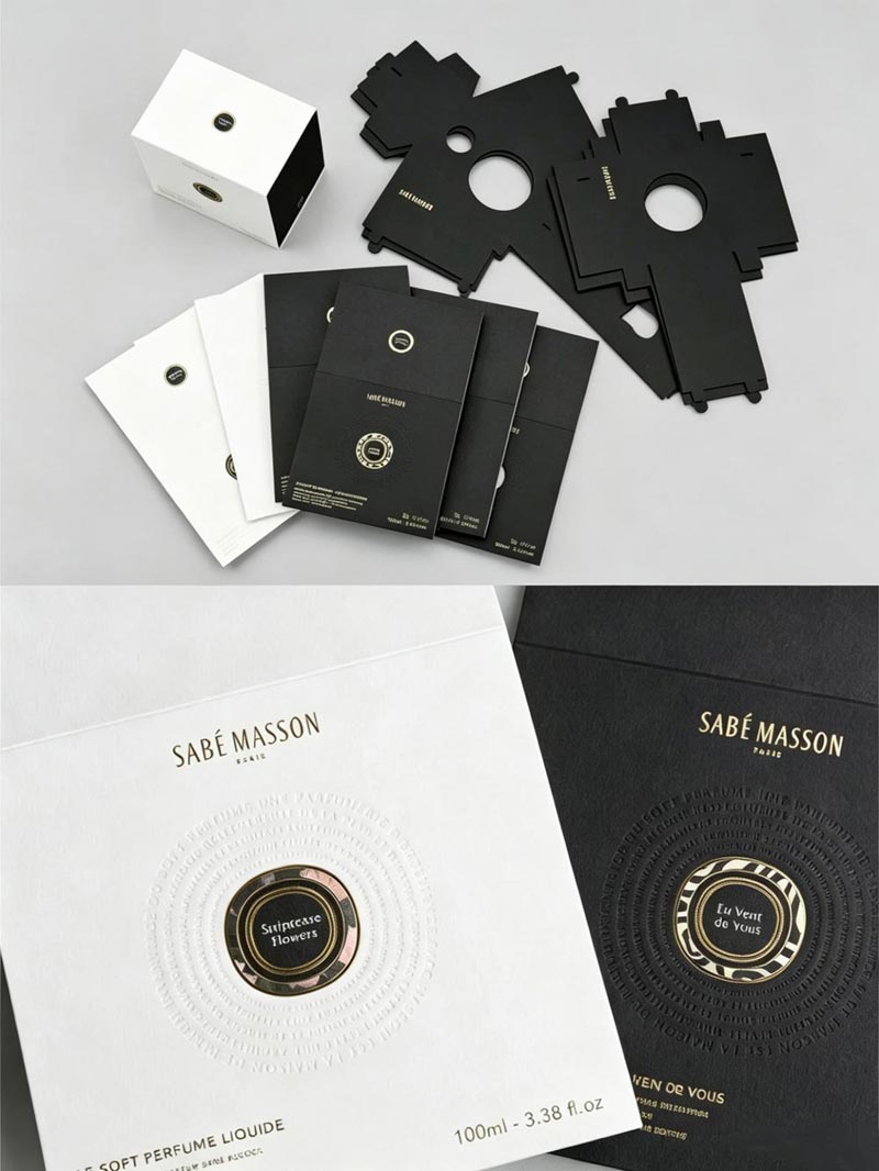 Die-cut components and assembled boxes showcasing the interplay of matte specialty paper, gold foil stamping, and embossed detailing