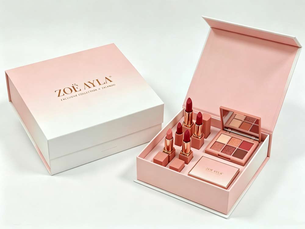 Custom die-cut insert for lipstick and skincare bottle inside magnetic rigid box