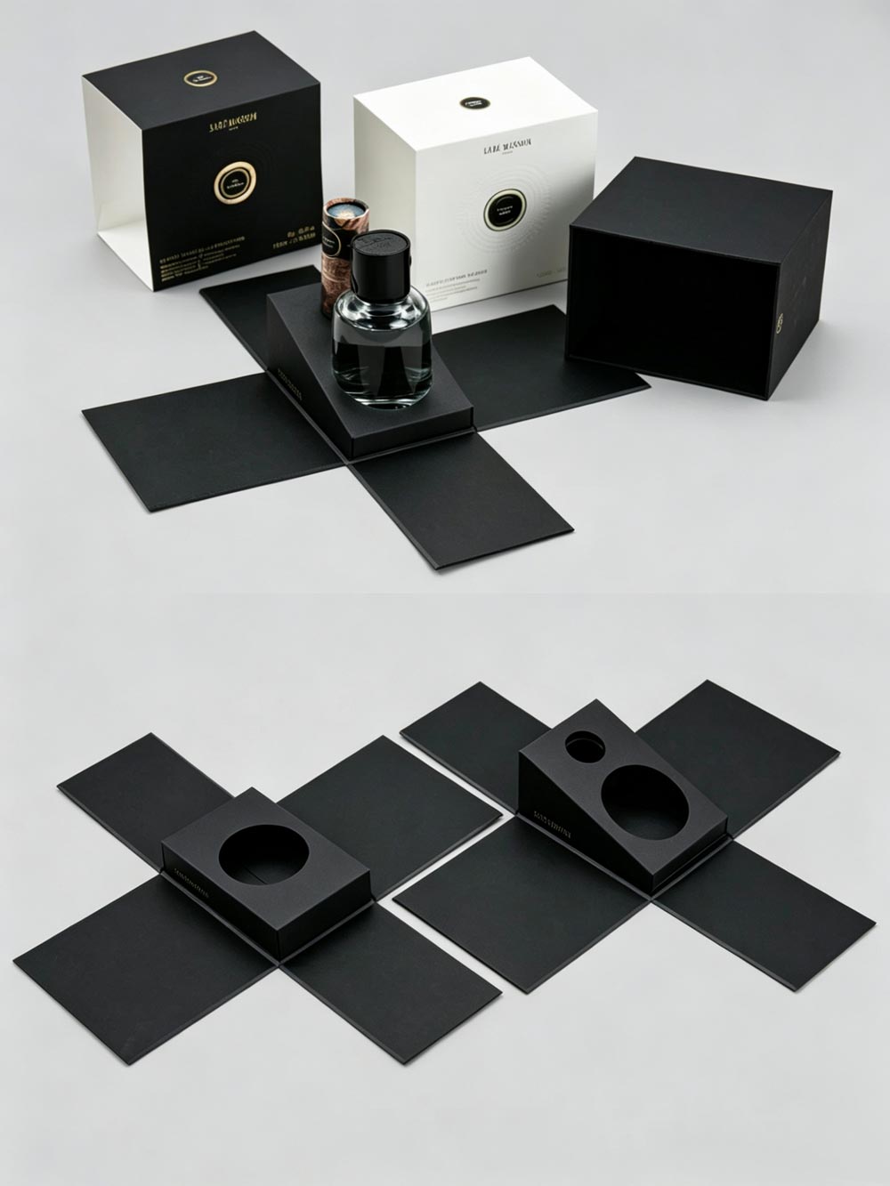 Precision-engineered rigid boxes with matte black and white finishes, gold foil branding, and custom die-cut inserts